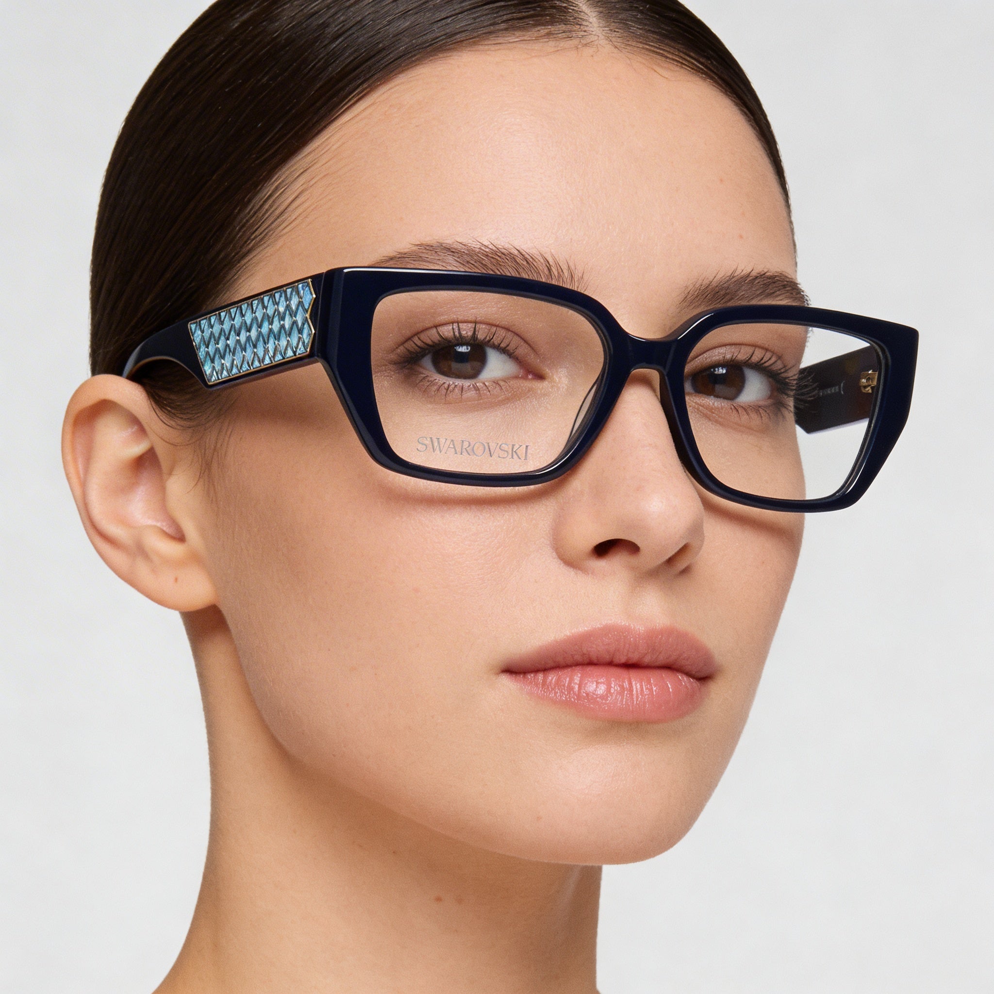 Gafas Swarovski Sk5446 para mujer con montura de plástico azul brillante y lentes de policarbonato transparente de 54 mm, Photo 4