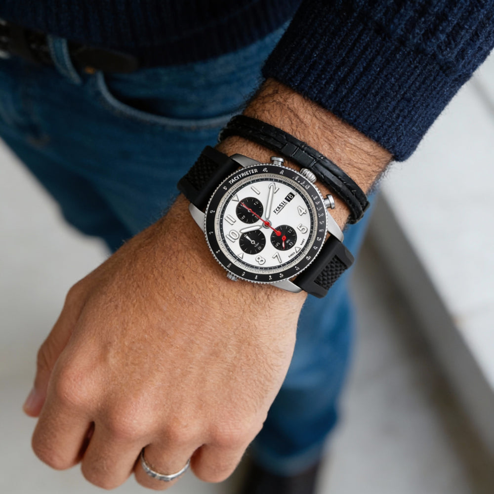 Reloj Fossil Classic para hombre, cronógrafo, acero inoxidable, correa de silicona negra, esfera blanca, 42 mm