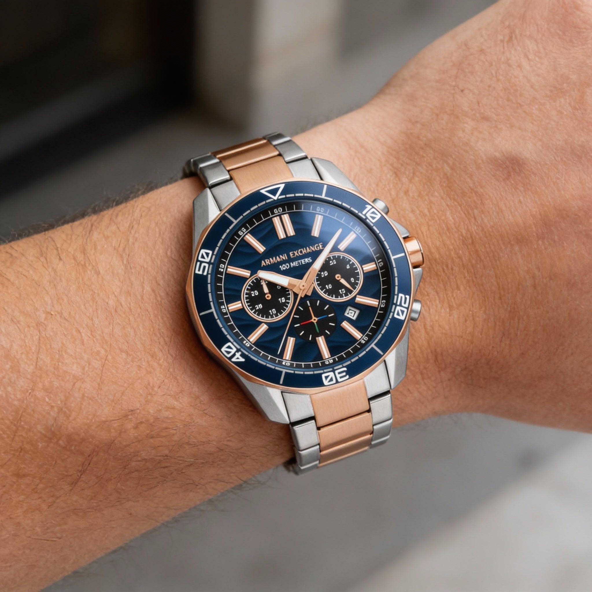 Armani Exchange Men's Chronograph bracelet Watch with Blue Dial, Two Tone Black, 44mm Case, Photo 4