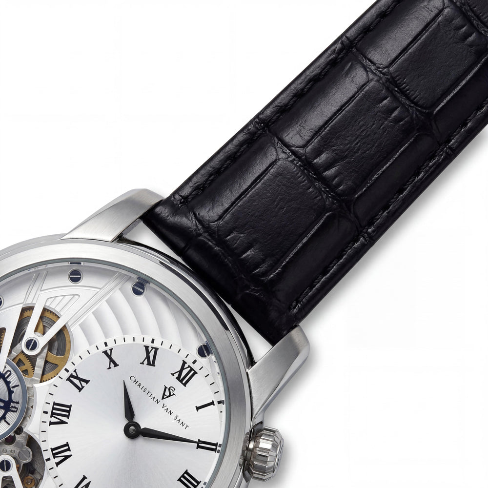 Christian Van Sant CV1540 Sprocket Auto-Quartz Men's Stainless Steel Silver Dial Leather Strap Water Resistant Watch with Timer & Slide-Rule