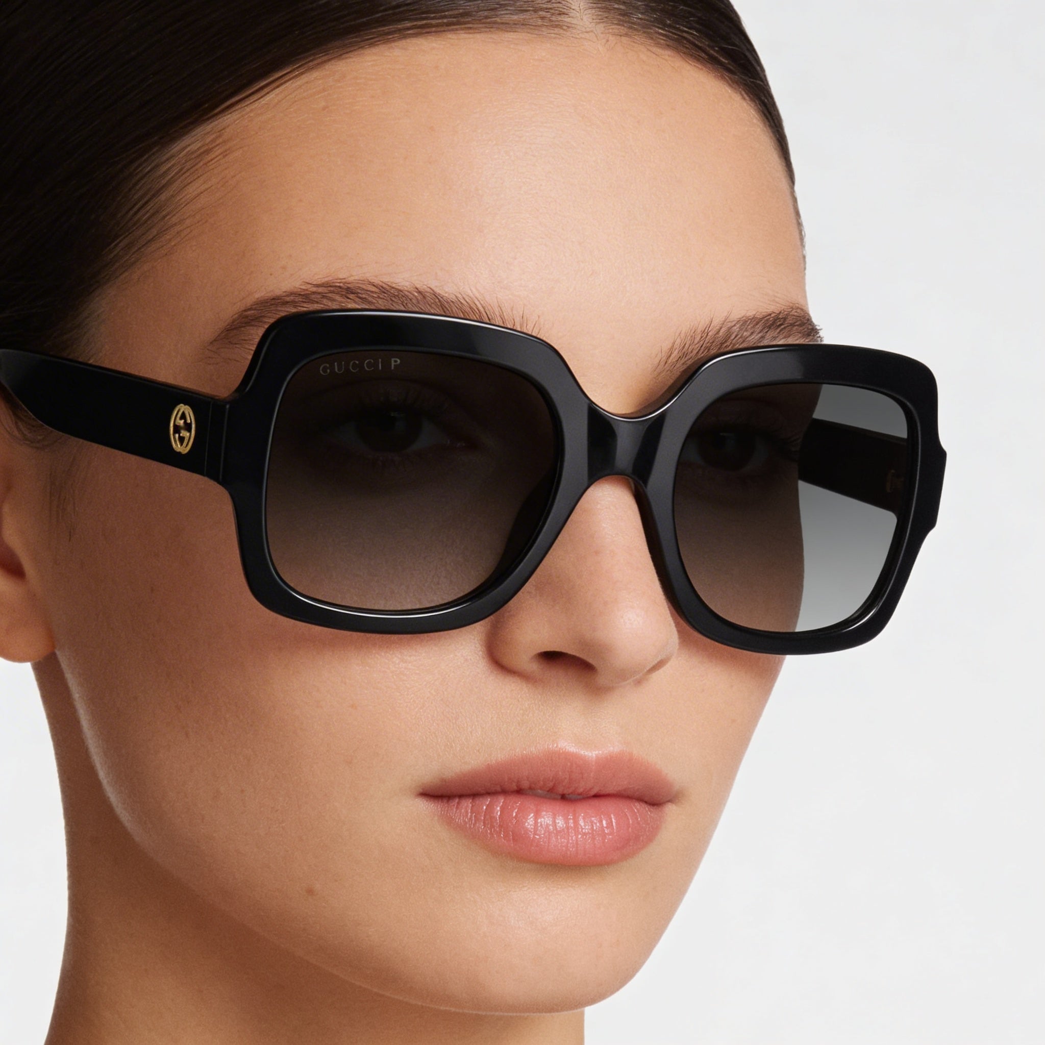 Gucci GG1337S 002 Women's Black Gold-Logo Full Rim Square Plastic Sunglasses with Grey Gradient Lenses 54mm UV Protection, Photo 4