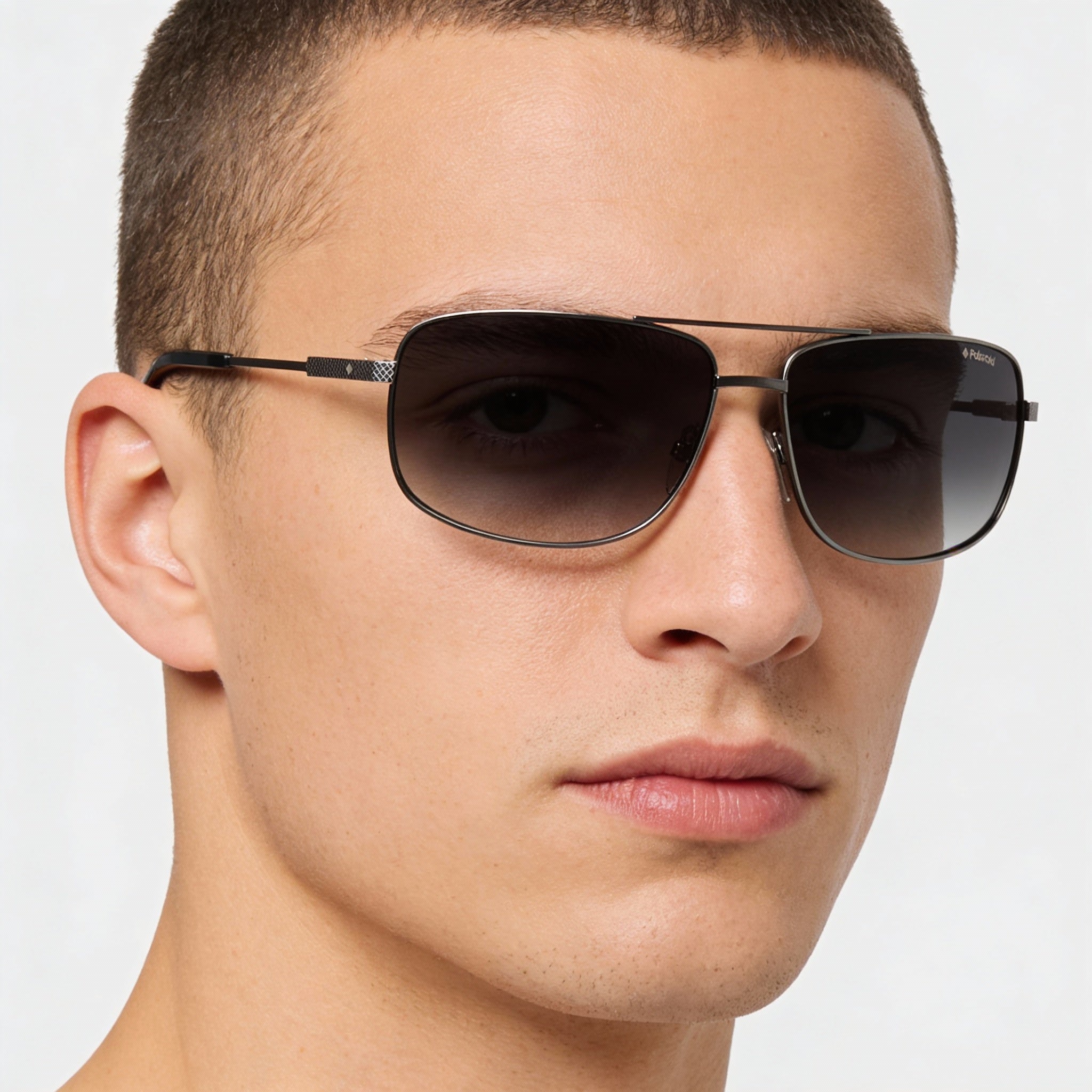 Polaroid Men's Rectangular Polarized UV Stainless Steel Sunglasses, Semi Matte Ruthenium Frame, Gray Lens, 63-14-130mm, Photo 5