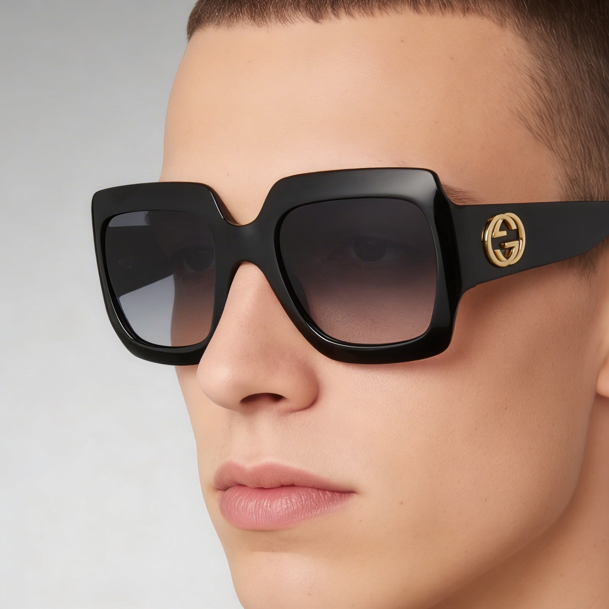 Gucci GG0053SN Unisex Shiny Black Composite Frame Sunglasses with Shaded Dark Grey Gradient Lenses 54mm, Photo 4