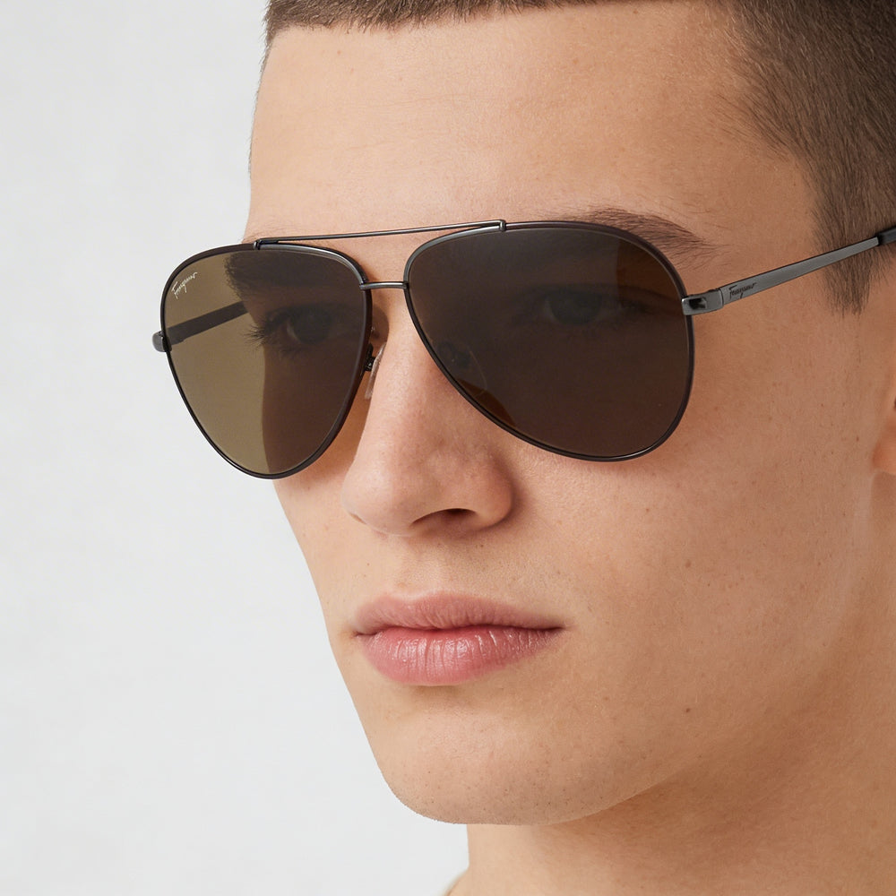 Gafas de sol Ferragamo SF 131S 067 unisex de metal marrón oscuro con lentes marrones, protección UV, 60 mm