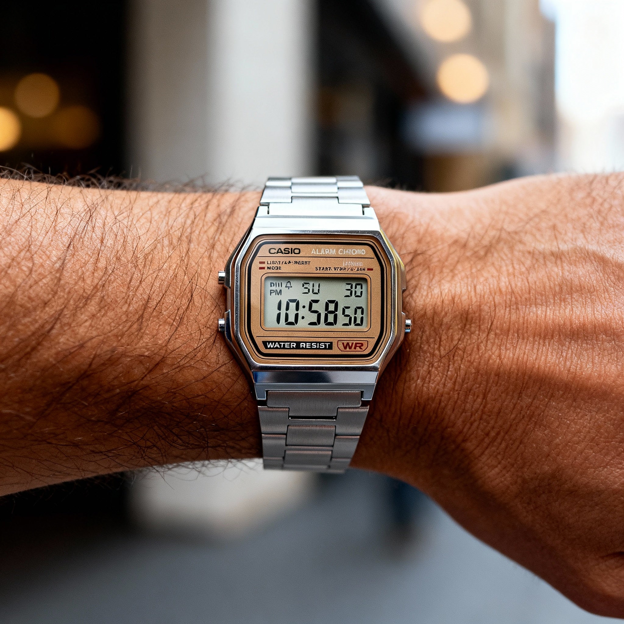 Casio A158WEA-9CF Men's Silver Gold Stainless Steel Digital Watch, Chronograph, Alarm, Water-Resistant, Photo 3