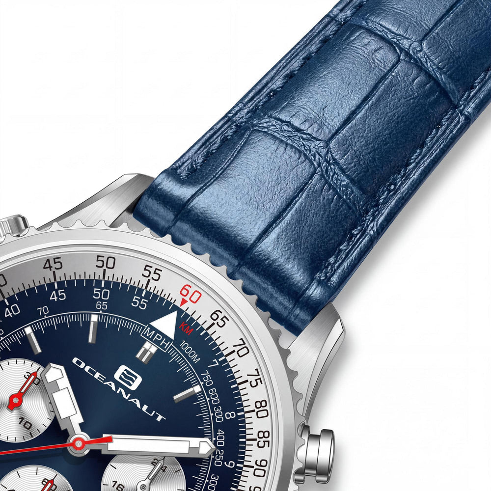 Reloj cronógrafo Oceanaut Classic para hombre con esfera azul, caja de acero inoxidable y correa de piel.