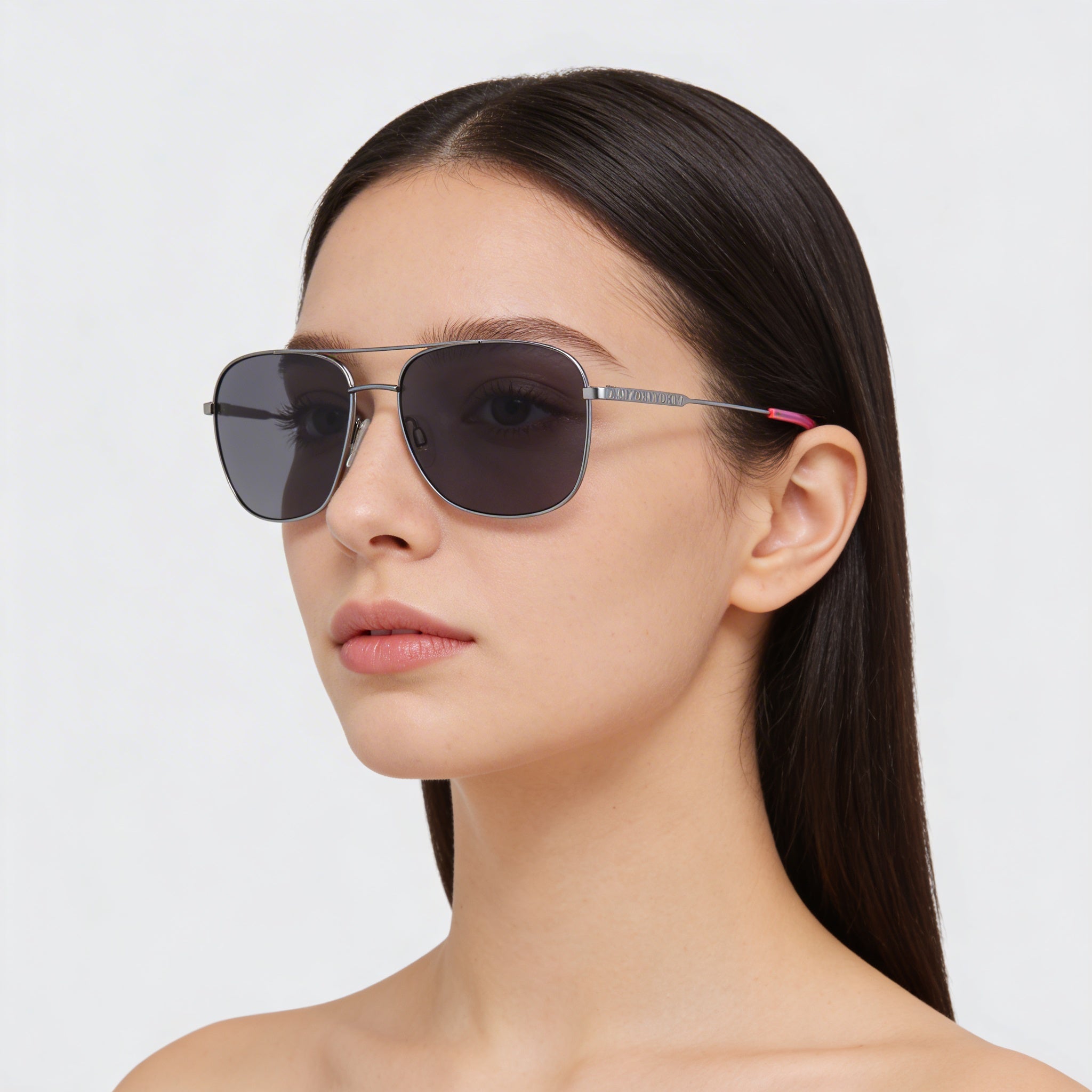 DKNY Square Women's Metal 100% UV Protection Sunglasses, Gunmetal Neon Pink Frame with Solid Smoke Lenses, 58mm, Photo 3