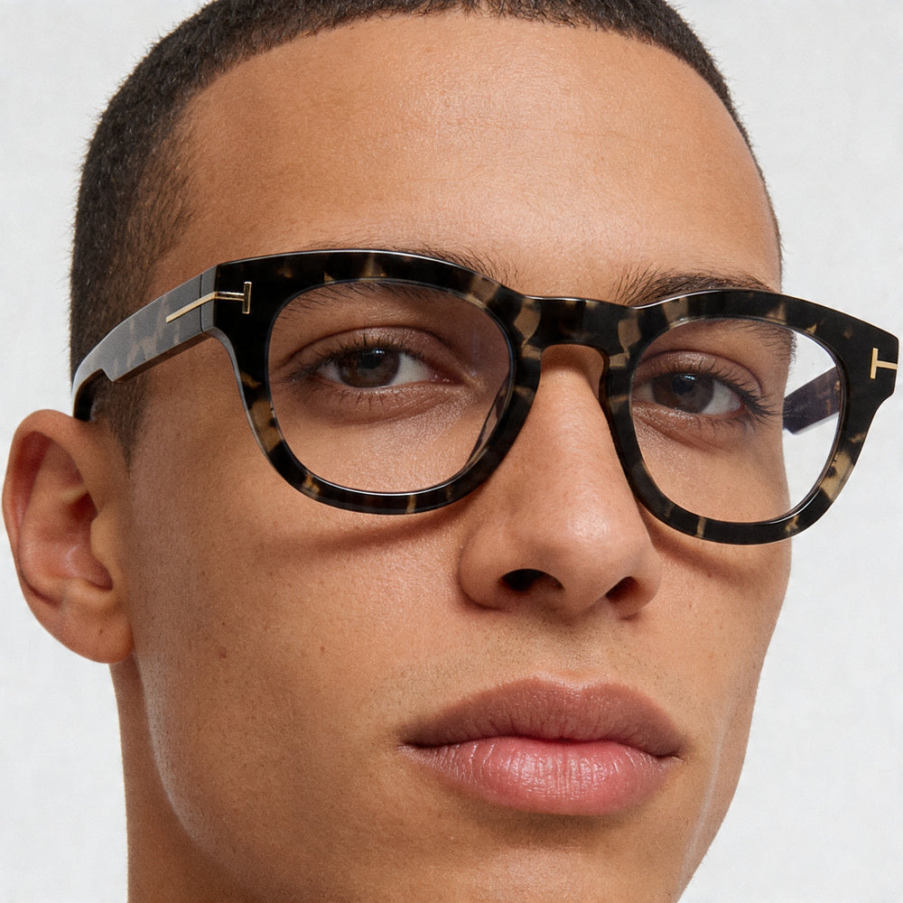 Tom Ford Ft5873-b Gafas para hombre, ovaladas, de montura completa de plástico pantografiado, color carey rubio, transparentes sin graduación, 49 mm