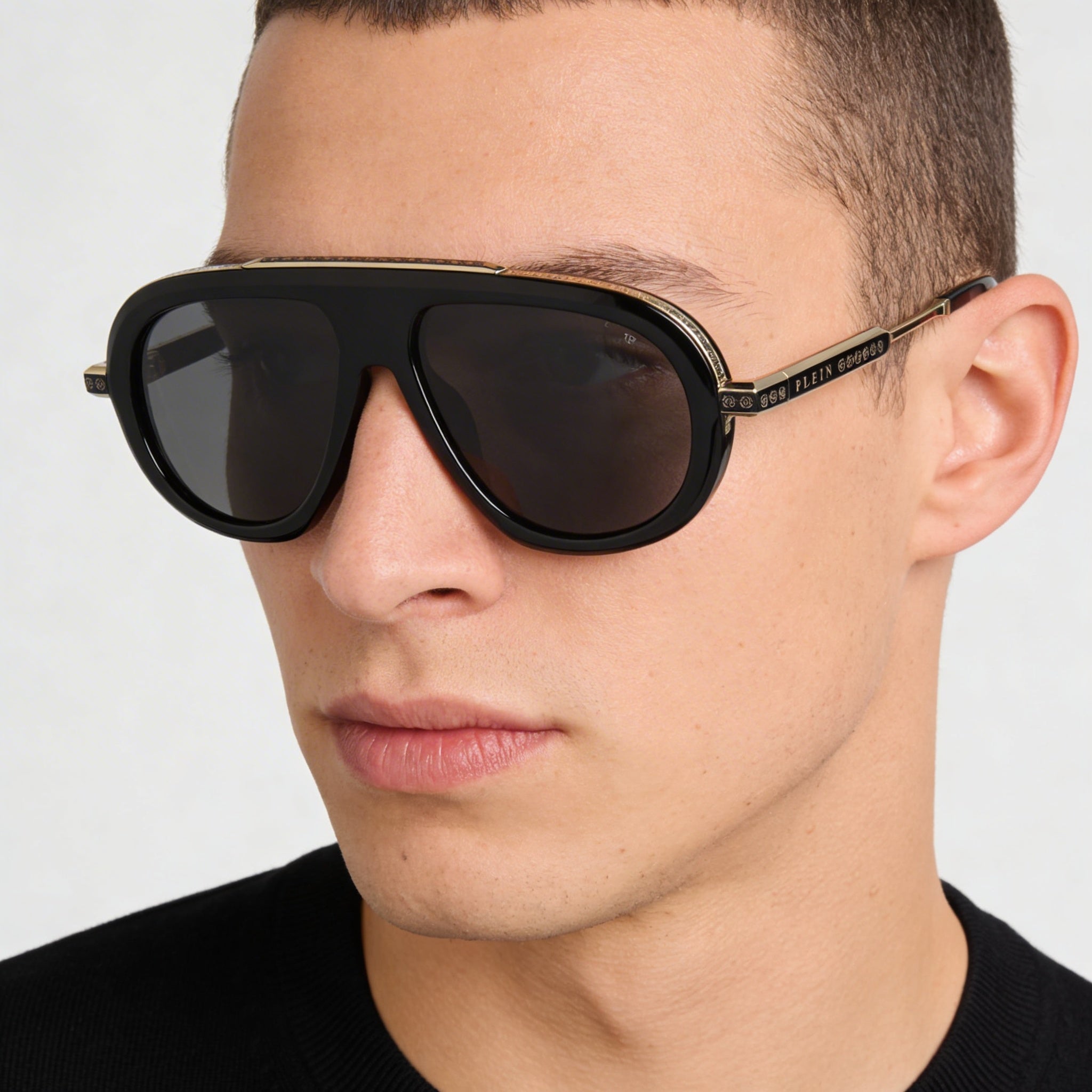 Gafas de Sol de Acetato de Celulosa Negro Brillante Philipp Plein Spp151m para Hombre con Lentes Ahumadas Protección UV 57mm, Photo 3