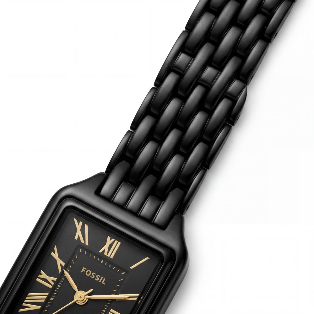 Fossil Raquel ES4317 - Reloj rectangular para mujer con correa de siete eslabones de acero inoxidable pulido negro, caja de 23 mm
