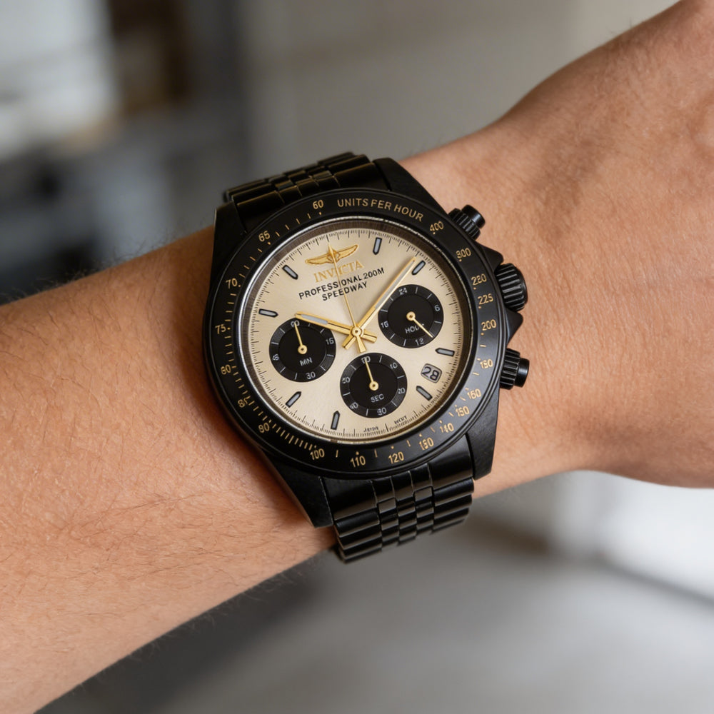 Invicta Speedway 36738 Unisex Chronograph Quartz Black Stainless Steel Gold Dial 39mm Water Resistant