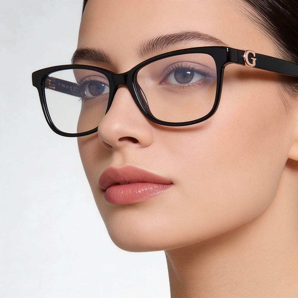 Gafas Guess Gu50227 de montura de plástico negro brillante para mujer, ancho de lente 50 mm, ancho de puente 15 mm, longitud de patilla 140 mm