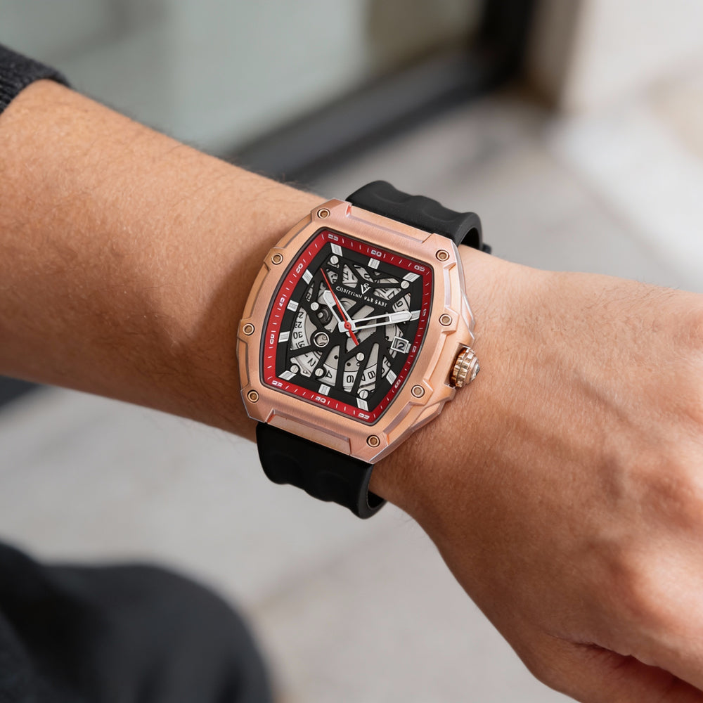 Reloj automático Christian Van Sant para hombre, de acero inoxidable, con esfera negra y correa de caucho, resistente al agua.