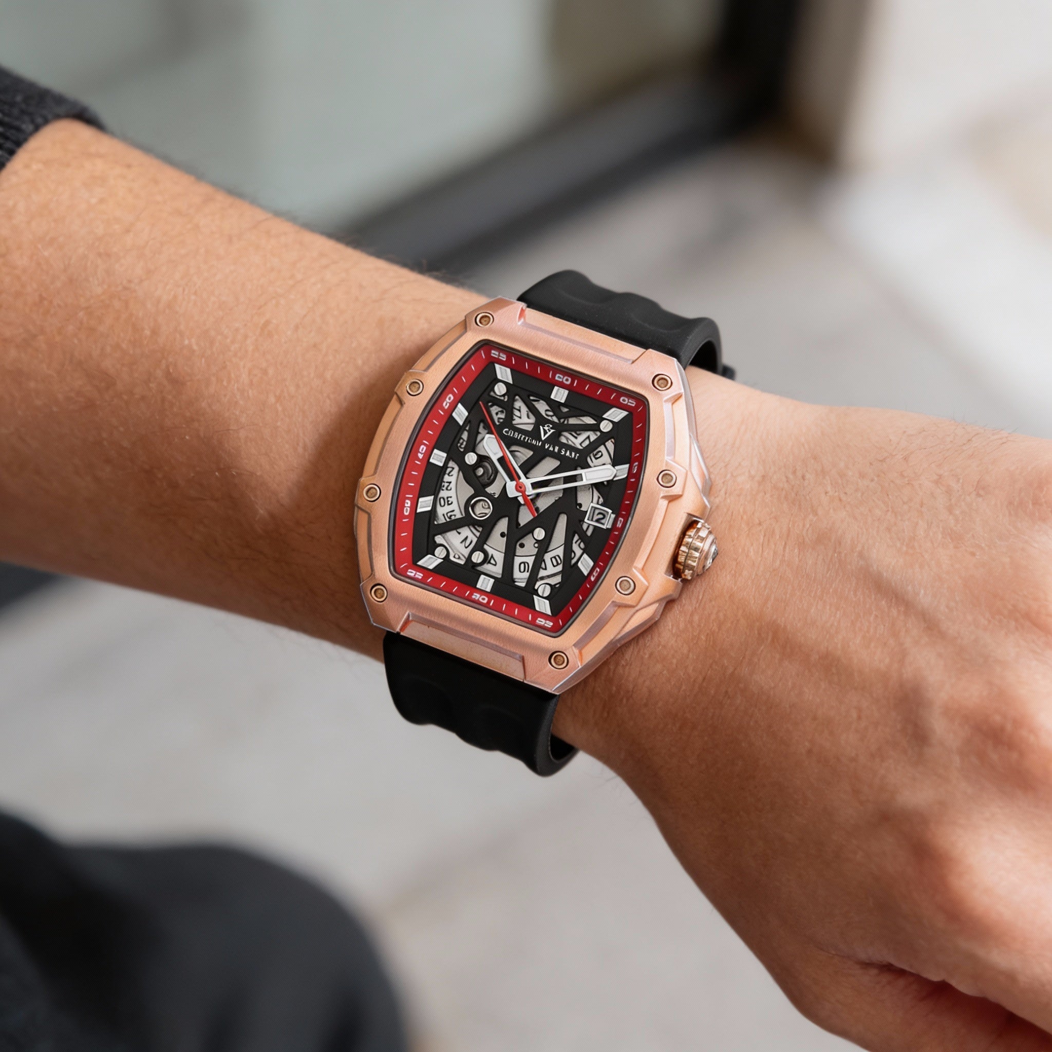 Reloj automático Christian Van Sant para hombre, de acero inoxidable, con esfera negra y correa de caucho, resistente al agua., Photo 3