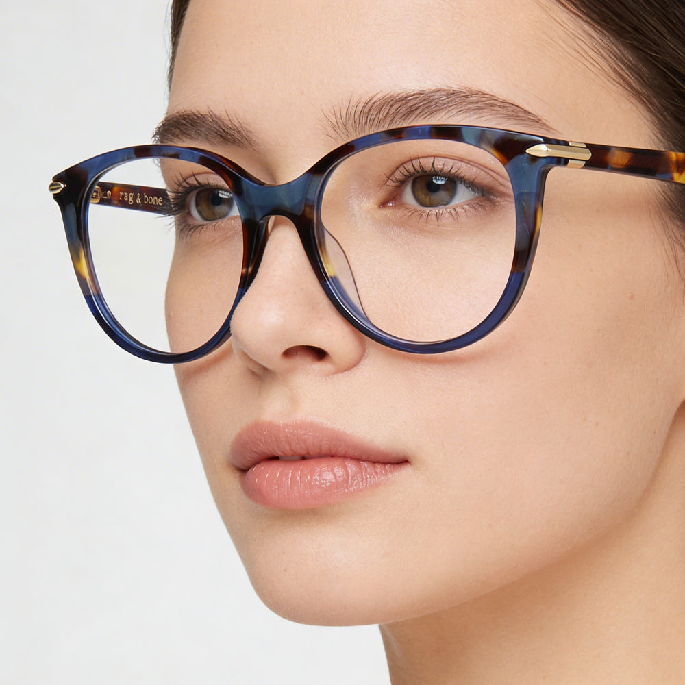 Gafas Rag & Bone Rnb 3023 para mujer, montura de acetato color azul Habana con lentes de 51 mm de ancho