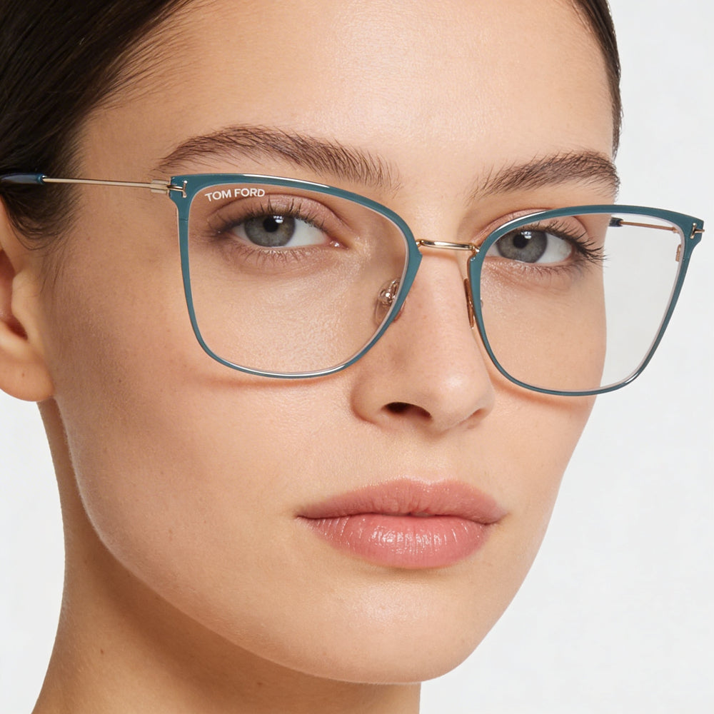 Gafas de vista Tom Ford TF5839-B para mujer, montura completa de metal con diseño de mariposa y bloque azul, color verde azulado brillante y logotipo dorado, 56-18-140 mm