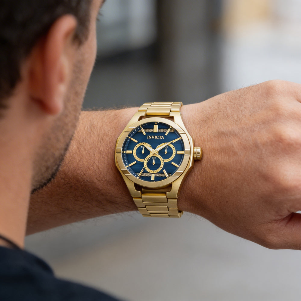 Invicta bracelet Men's Gold Tone Stainless Steel Blue Dial Water Resistant Day Date 24-Hour 48mm Watch
