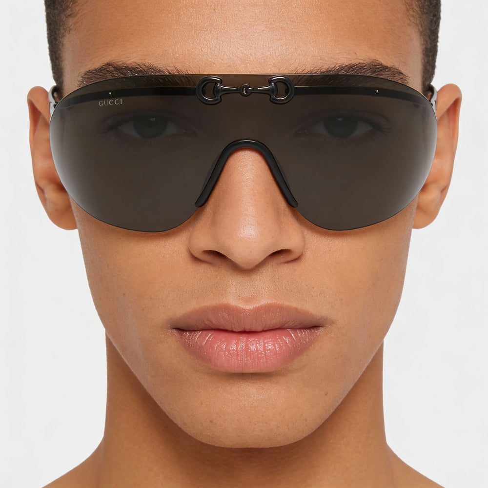 Gucci GG1656S Unisex Rimless Shield Sunglasses with Metal Frame, Black Grey Lenses, 99-1-135mm