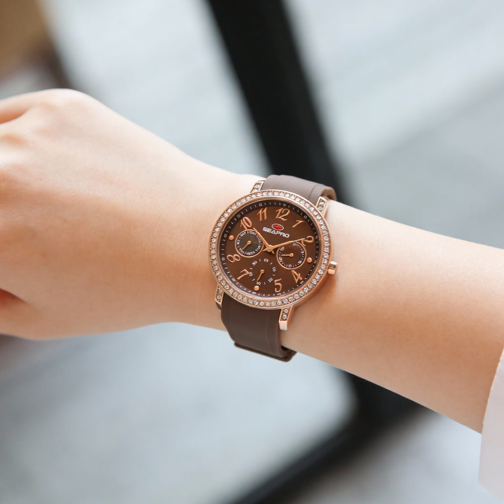 Reloj Seapro Casual para mujer, esfera marrón, acero inoxidable, silicona, cuarzo, 37 mm, resistente al agua