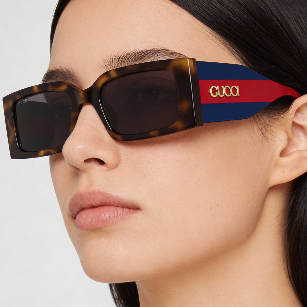 Gucci Classic Women's Rectangle Acetate Frame Non-Polarized Sunglasses Havana Red Blue Multicolor Lens 52mm