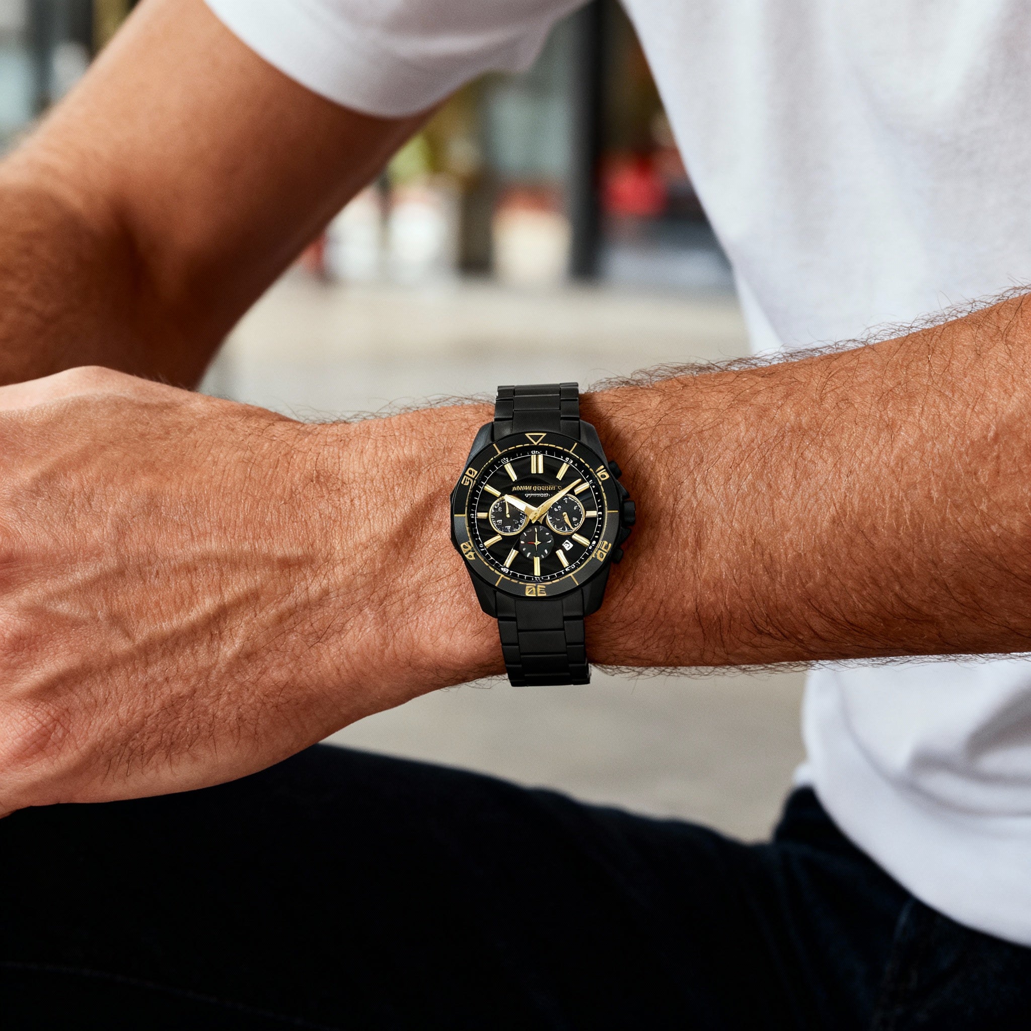 A|X Armani Exchange Sport-Luxury Men's 44mm Black Gold Accents Stainless Steel Chronograph Watch, Photo 3