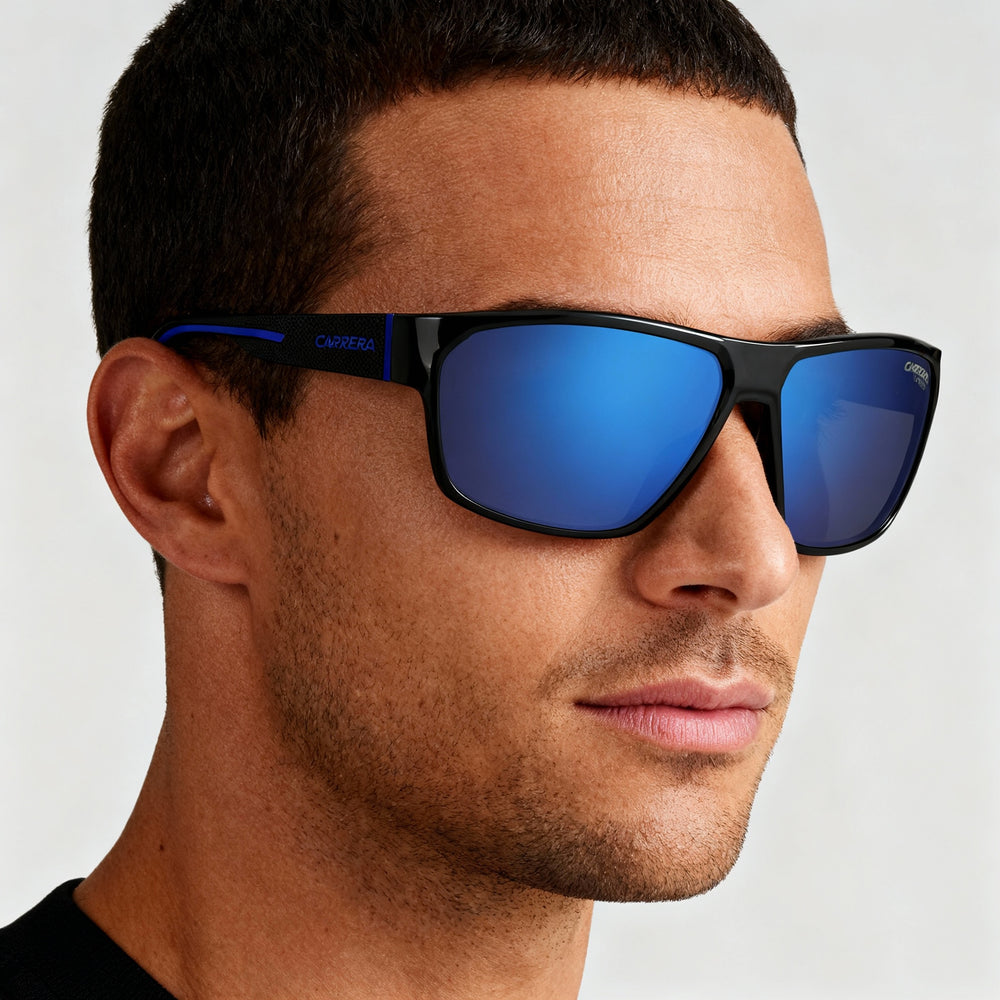 Gafas de sol informales Carrera 4018/S para hombre | Montura de poliamida ecológica azul y negra | Lentes de policarbonato multicapa no polarizado azul | 63 mm