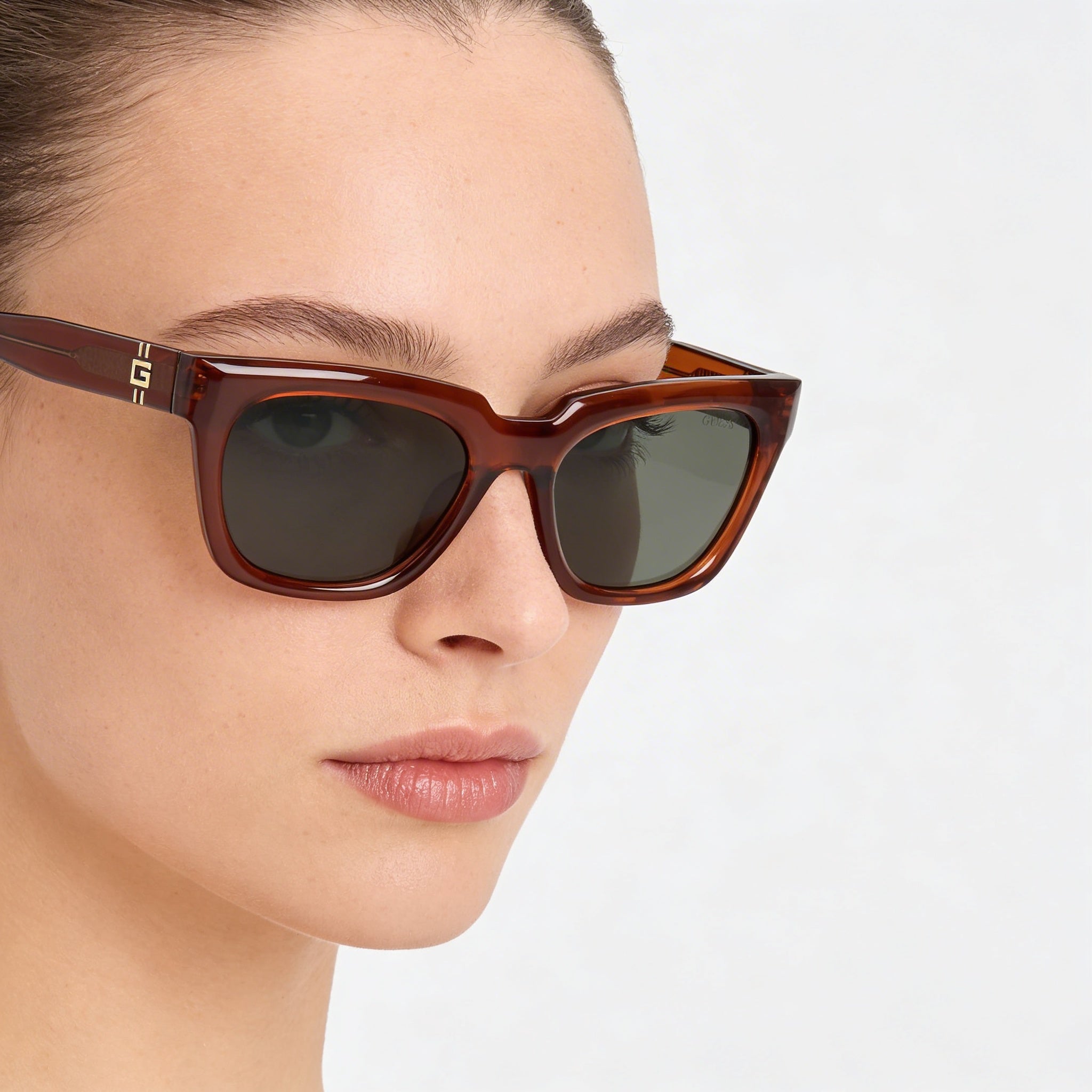 GUESS Women's Square Plastic Sunglasses Shiny Dark Brown Green Lens UV Protection 53mm, Photo 3
