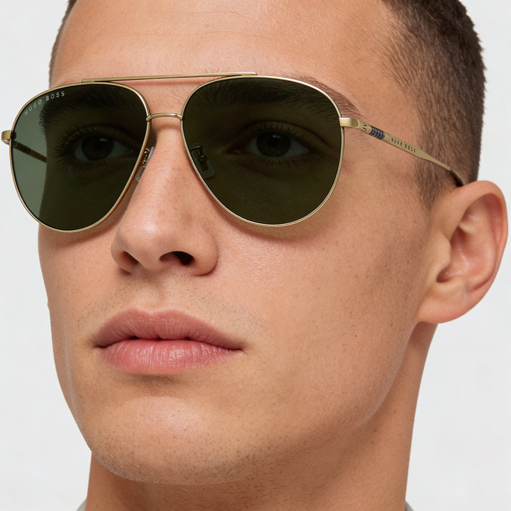 Hugo Boss Boss 1296/F/S Gafas de piloto para hombre, de acero inoxidable, montura verde dorada mate, lentes doradas mate, 63 mm, protección UV
