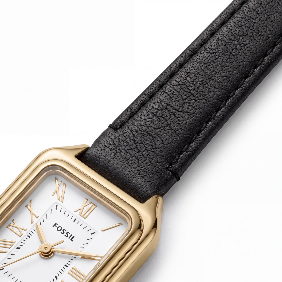 Fossil Raquel Women's 18mm Gold Black Rectangular Leather Strap Watch with Scratch-Resistant Mineral Crystal and Roman Numerals, Photo 3