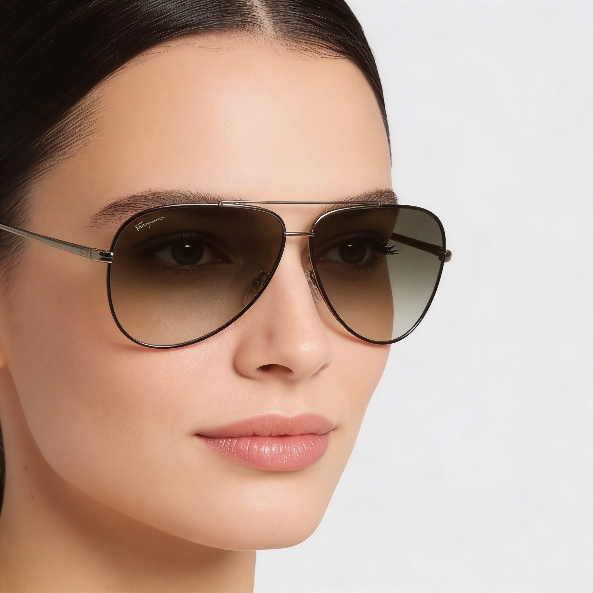 Ferragamo SF131S 211 Women's Metal Aviator Shiny Brown with Dark Brown Enamel Brown Gradient UV Protection Sunglasses 60mm, Photo 3