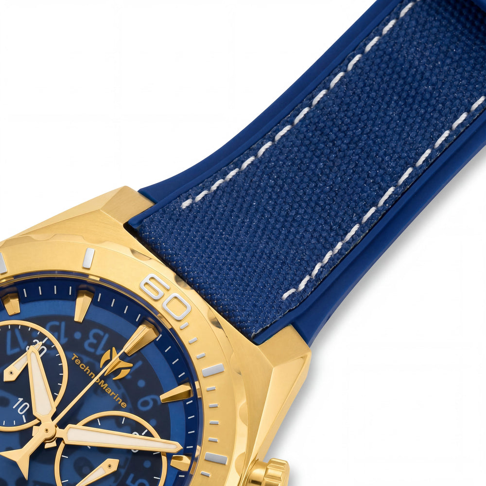 TechnoMarine TM-519009 Modern Men's Blue Silicone Strap Gold Tone Stainless Steel Swiss Quartz Water Resistant Watch 48mm