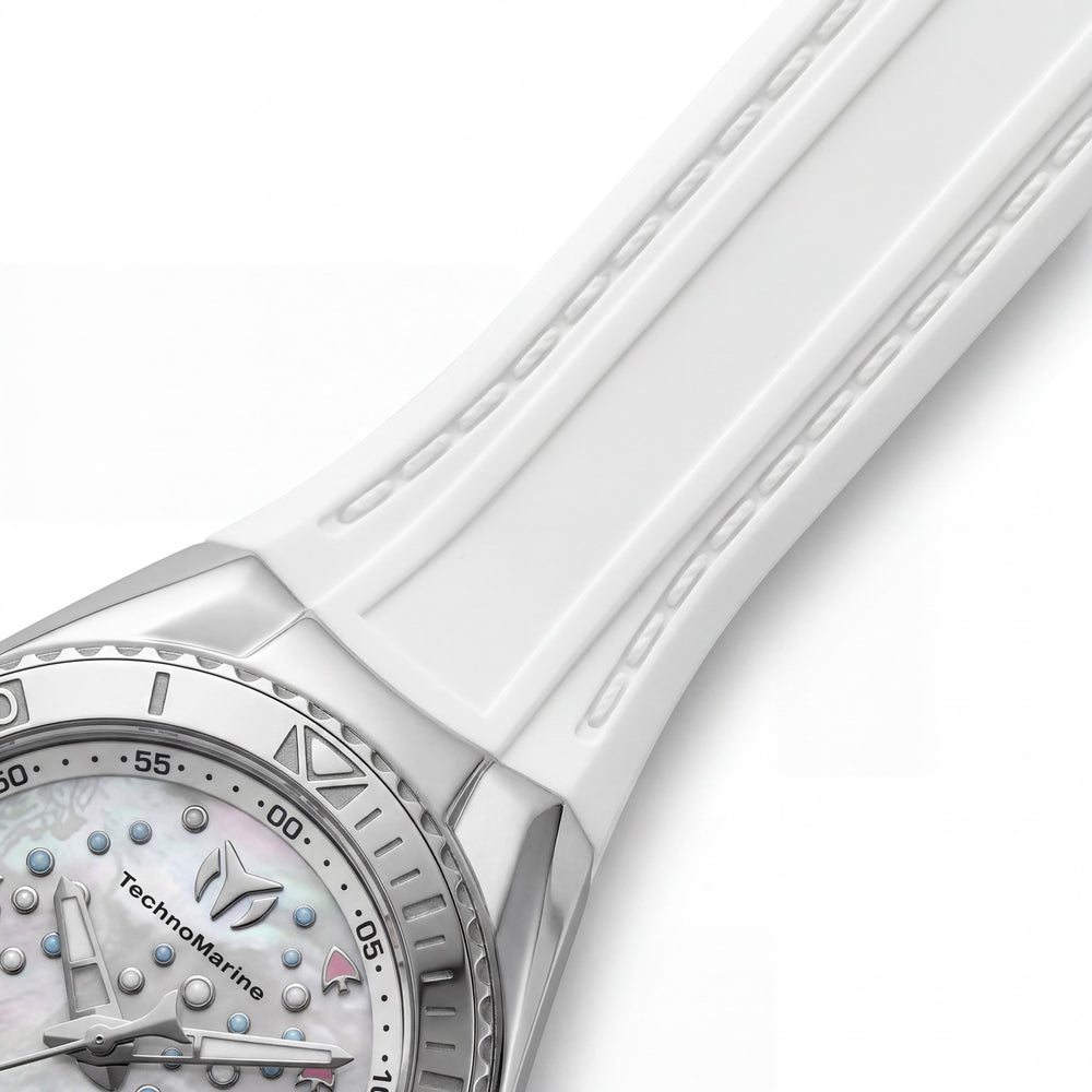 Reloj de cuarzo TechnoMarine Cruise TM-125003 para mujer, caja de acero inoxidable en tono plateado, esfera blanca, correa de silicona, 40 mm