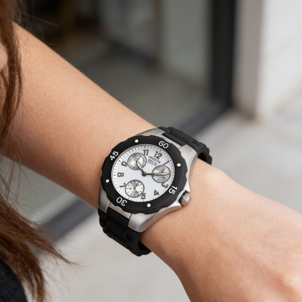 Reloj Invicta Angel para mujer IN-18787, correa de silicona negra, esfera blanca, 38 mm, cuarzo, resistente al agua