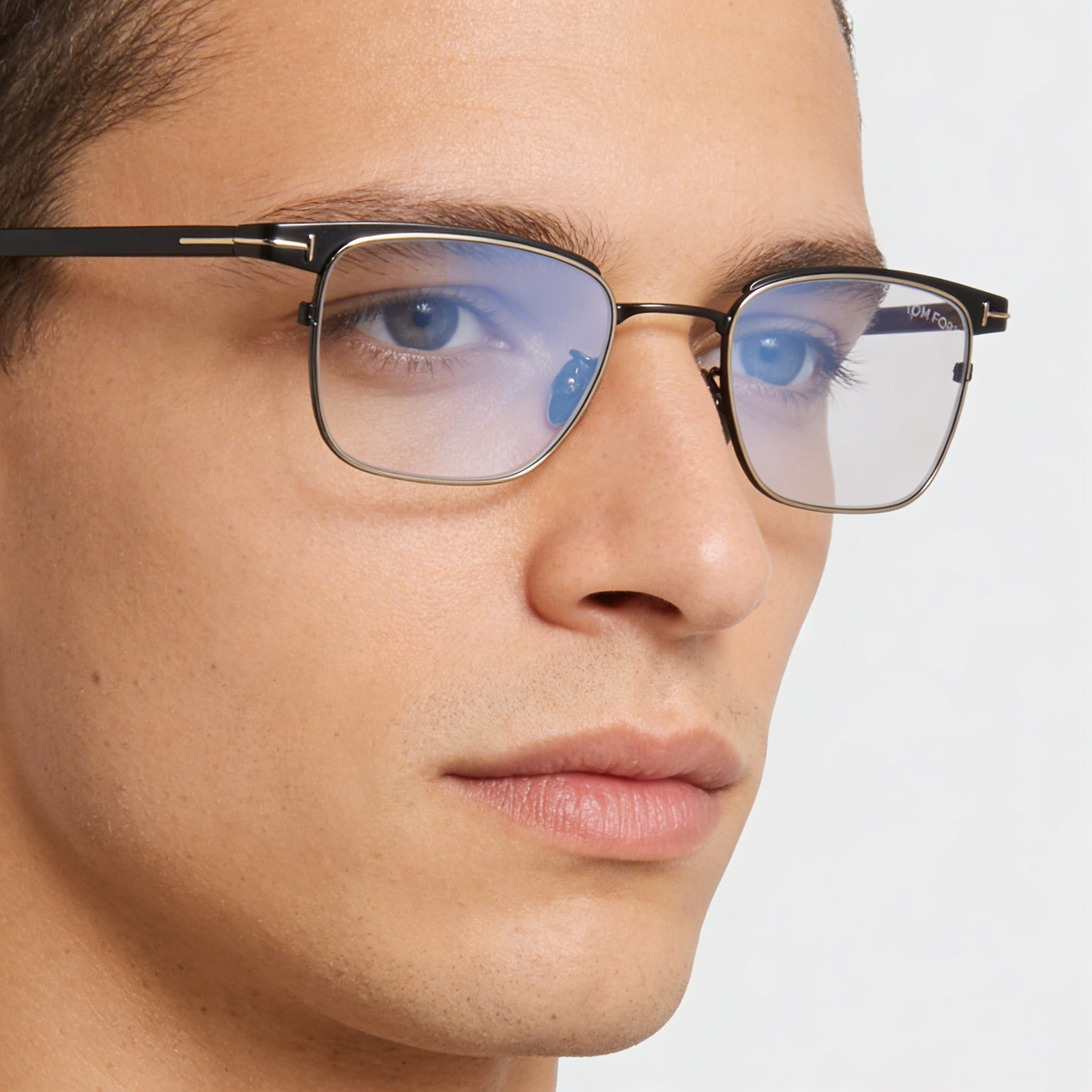 Gafas Tom Ford Ft5854-db para hombre, con montura rectangular de metal, logo T en negro brillante y oro rosa, bloque azul transparente, 49-20-145, Photo 4