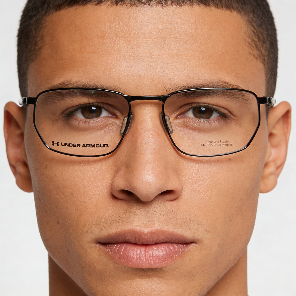 Gafas temporales para hombre Under Armour, montura de acero inoxidable, lentes de policarbonato, negro mate, tamaño 55-18-140 mm