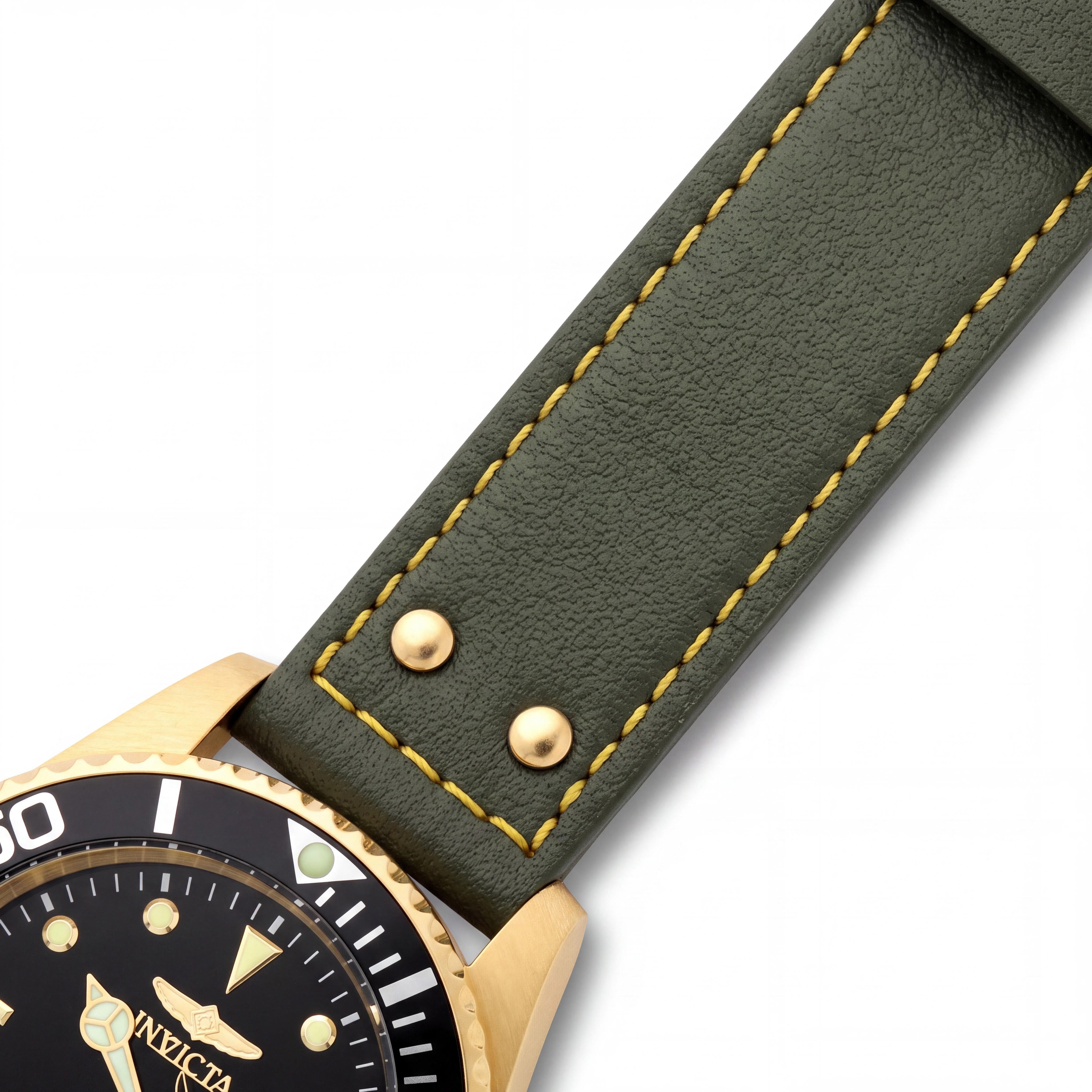Invicta Men's Pro Diver 22075 Gold-Tone Black Dial Army Green Leather 200m WR 43mm, Photo 3