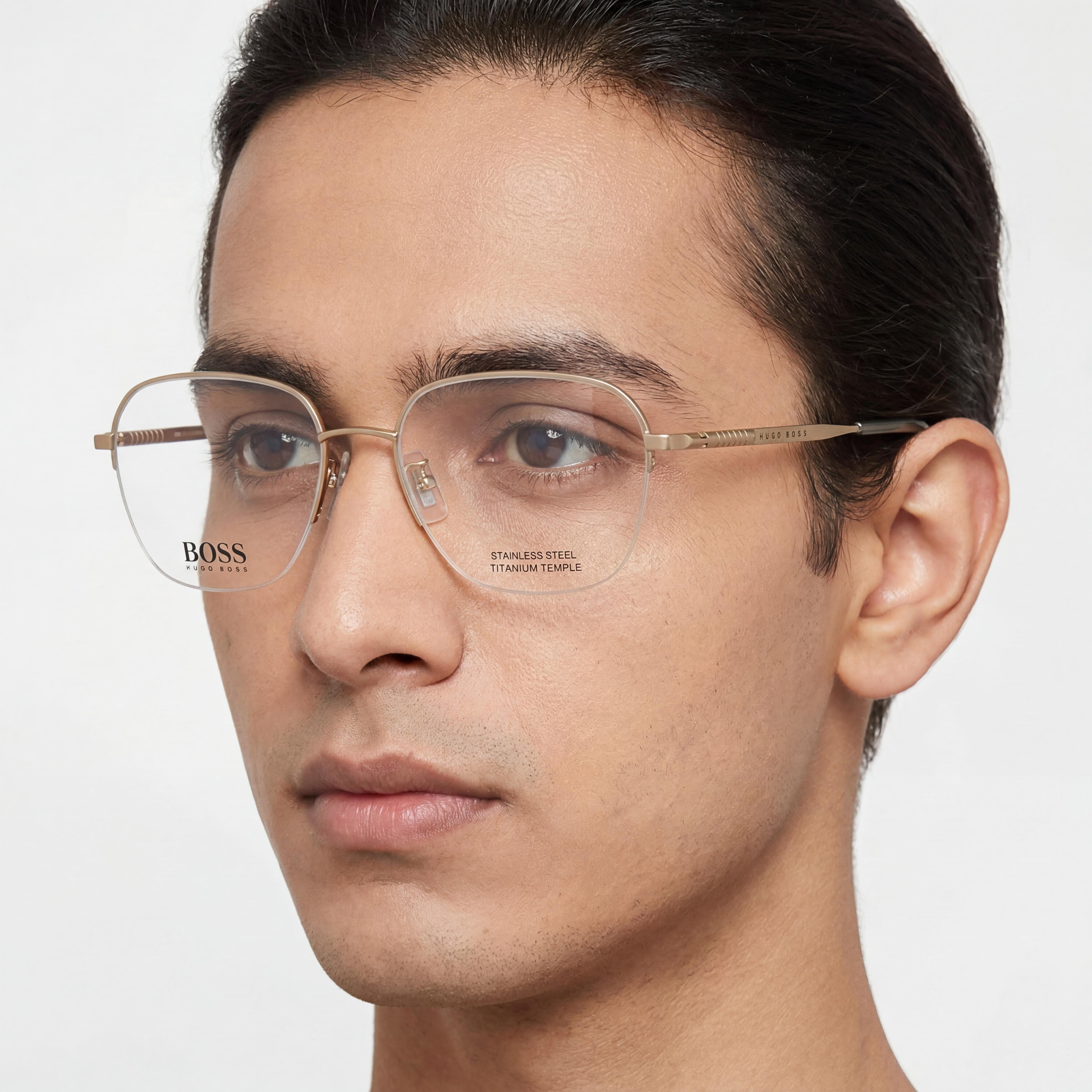 Gafas con montura semi al aire con forma de mariposa unisex Hugo Boss Modern de metal con lentes de policarbonato, oro mate, 54 mm, Photo 4