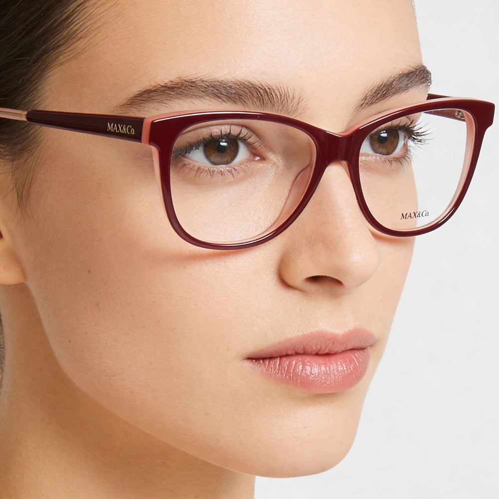 Gafas Max & Co. modernas de montura de plástico burdeos para mujer con lentes transparentes para uso óptico, 54 mm