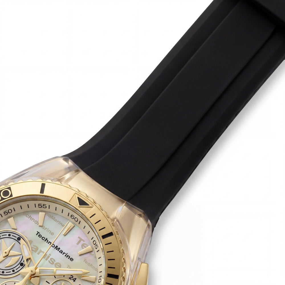 Reloj de buceo de cuarzo TechnoMarine para mujer con caja dorada y correa negra de 40,57 mm