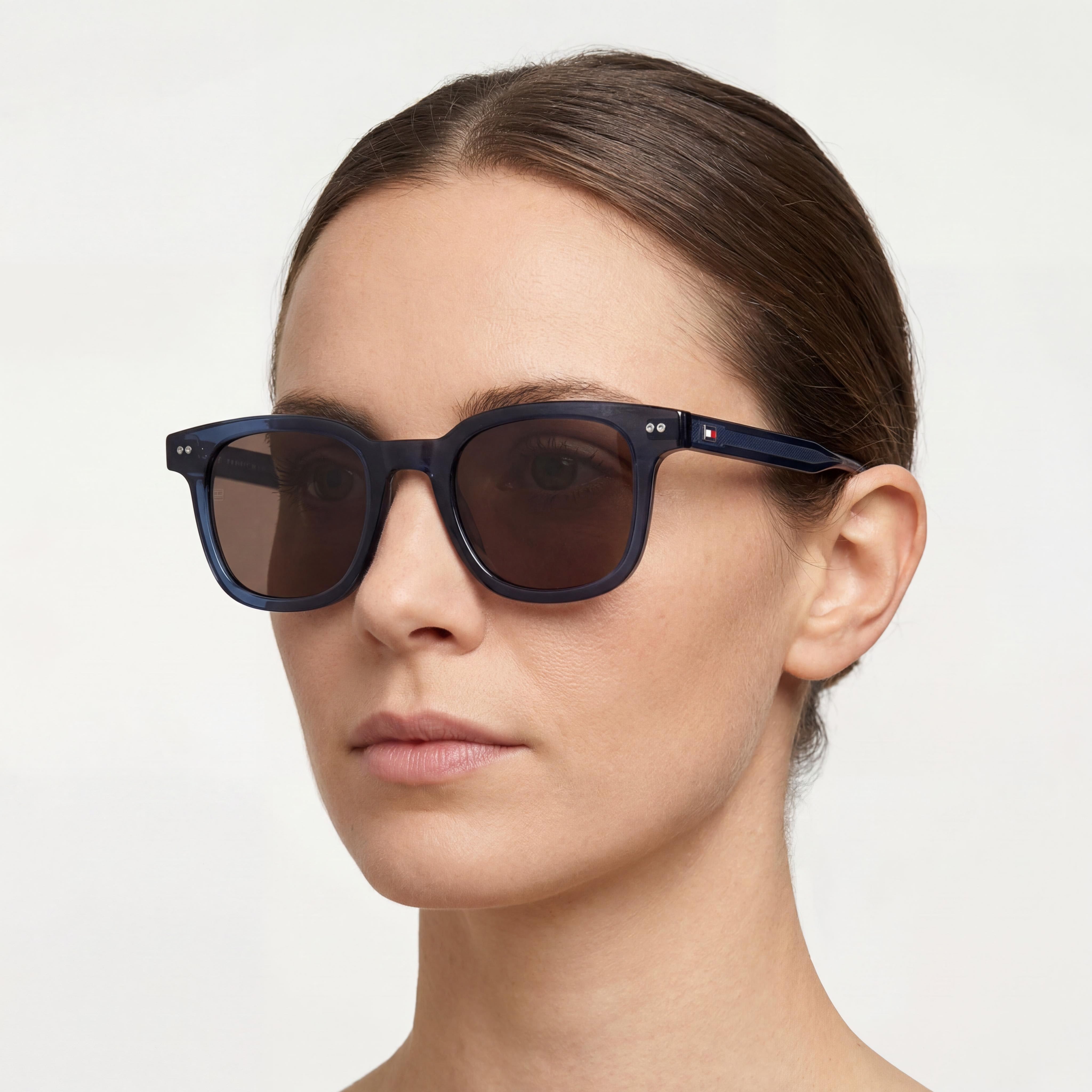 Tommy Hilfiger Gafas de sol casuales para mujer, de acetato, con montura azul y marrón, lentes marrones, 100 % protección UV, no polarizadas, 48 mm, Photo 4