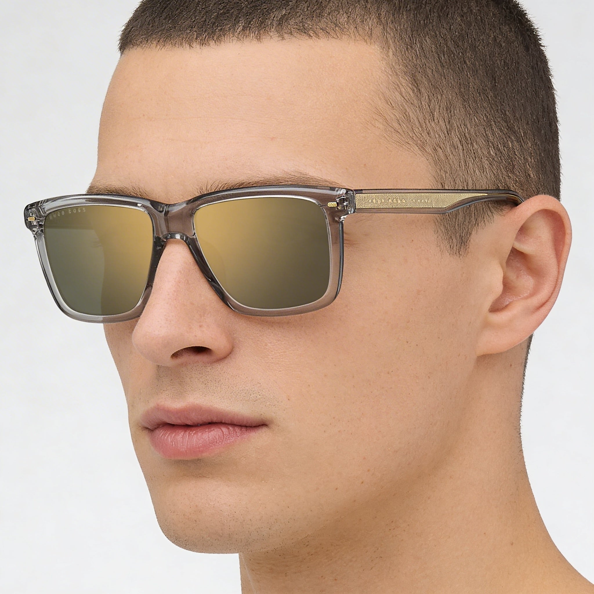 Gafas de sol Hugo Boss Classic para hombre, cuadradas, de acetato gris transparente con montura completa y lentes de espejo verde dorado de 55 mm, Photo 4