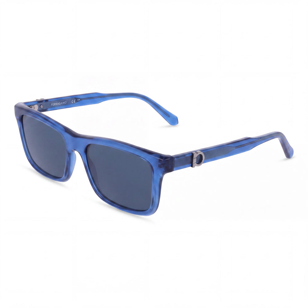 Gafas de sol rectangulares modernas Ferragamo para hombre con montura de acetato transparente azul oscuro, UV 400, 55 mm