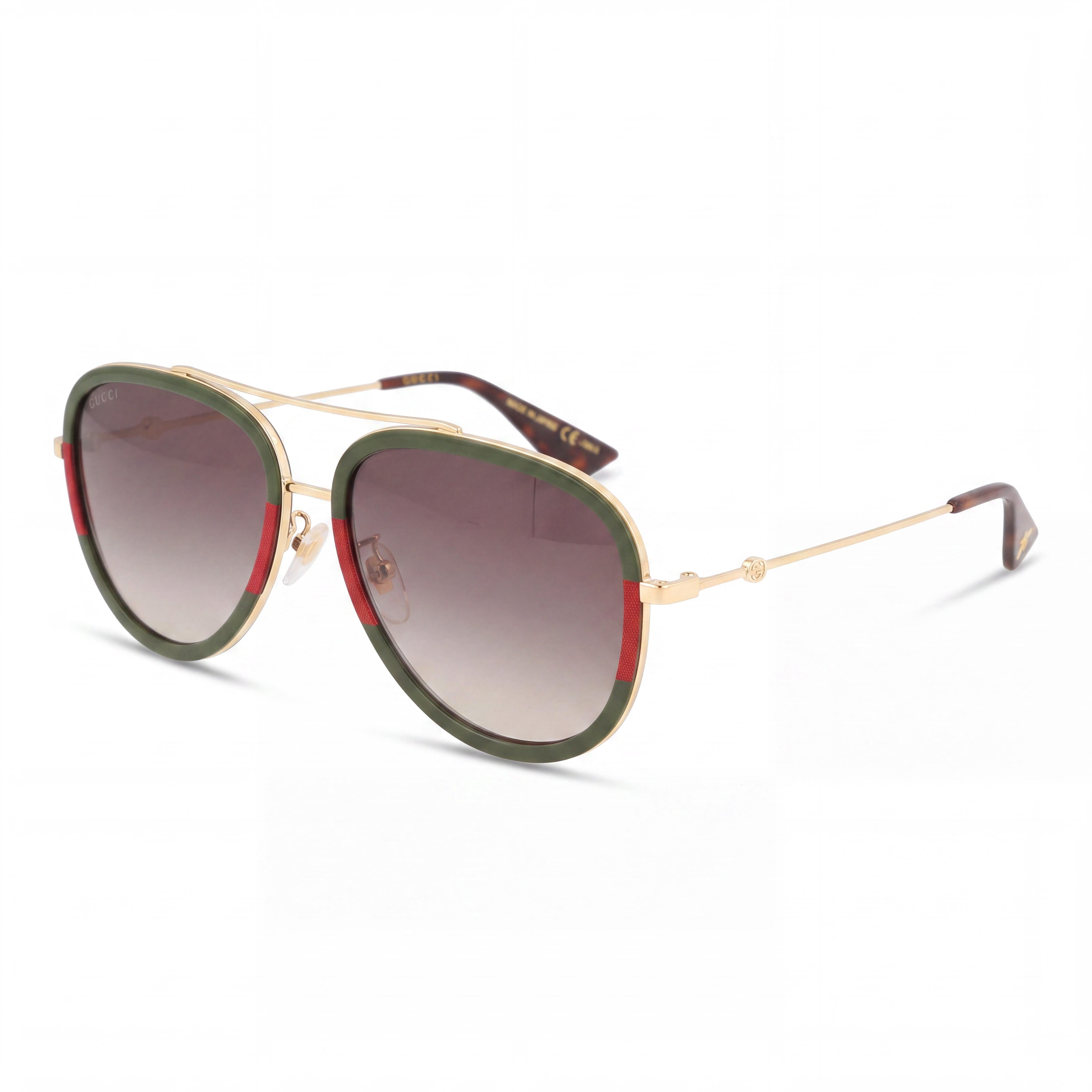 Gucci Unisex Red Plastic Frame Sunglasses with Gold Green Gradient Anti-Reflective Lenses 57mm UV Protection, Photo 1