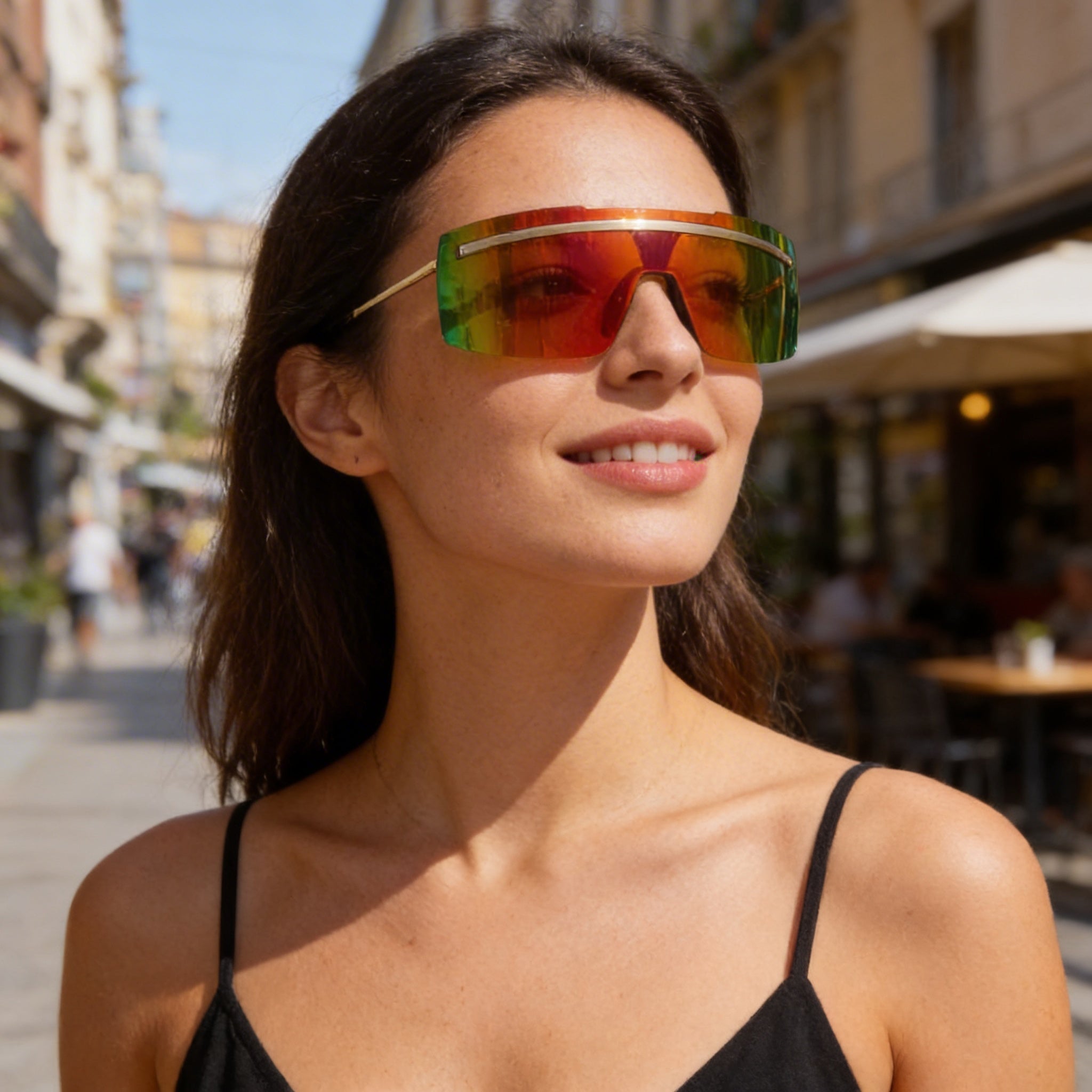 Gafas de sol unisex modernas NIKE con montura de plástico dorada carmesí espejada, lentes rojas, protección 100% UVA/UVB, 67mm, Photo 6