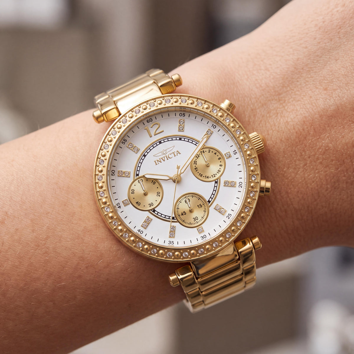 Invicta Gold-Tone Women's Gold-Tone Stainless Steel Watch with Crystal-Accented Bezel & Dial, 36mm, Photo 3