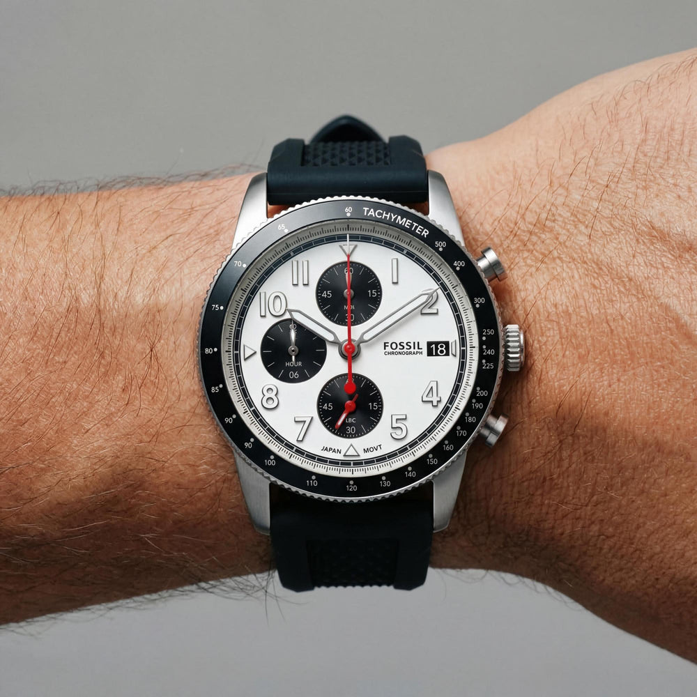 Reloj Fossil Classic para hombre, cronógrafo, acero inoxidable, correa de silicona negra, esfera blanca, 42 mm