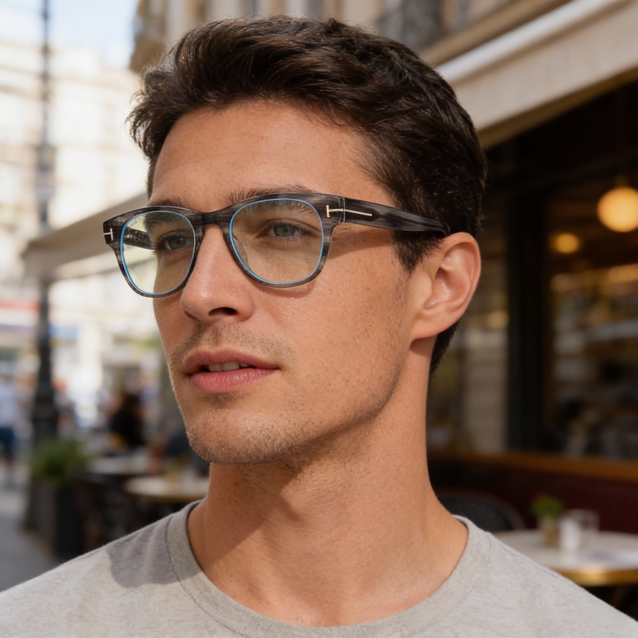 Gafas de sol Tom Ford FT5898-B para hombre, montura cuadrada de plástico con borde completo, rayas grises y azules, 52 mm, Photo 4