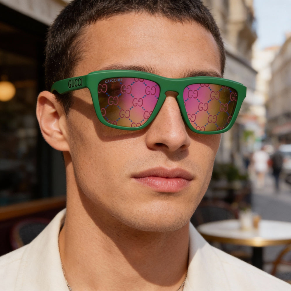 Gafas de sol Gucci Casual Collection para hombre con montura de plástico verde y lentes azules, 55 mm