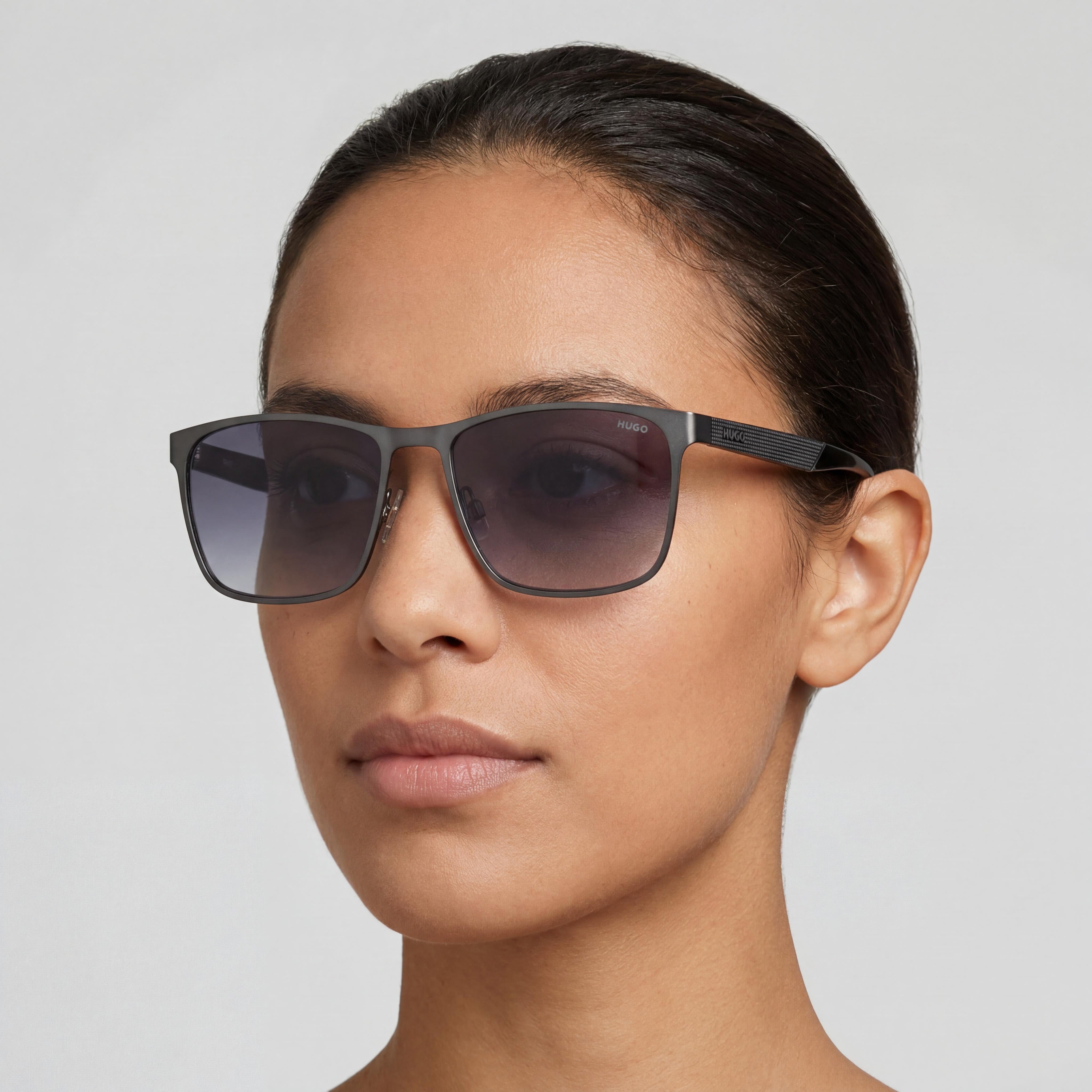 HUGO Hg 1328/S Rectangular Women's Stainless Steel Sunglasses Matte Ruthenium Black Dark Grey Shaded Lenses 57mm 100% UV, Photo 5