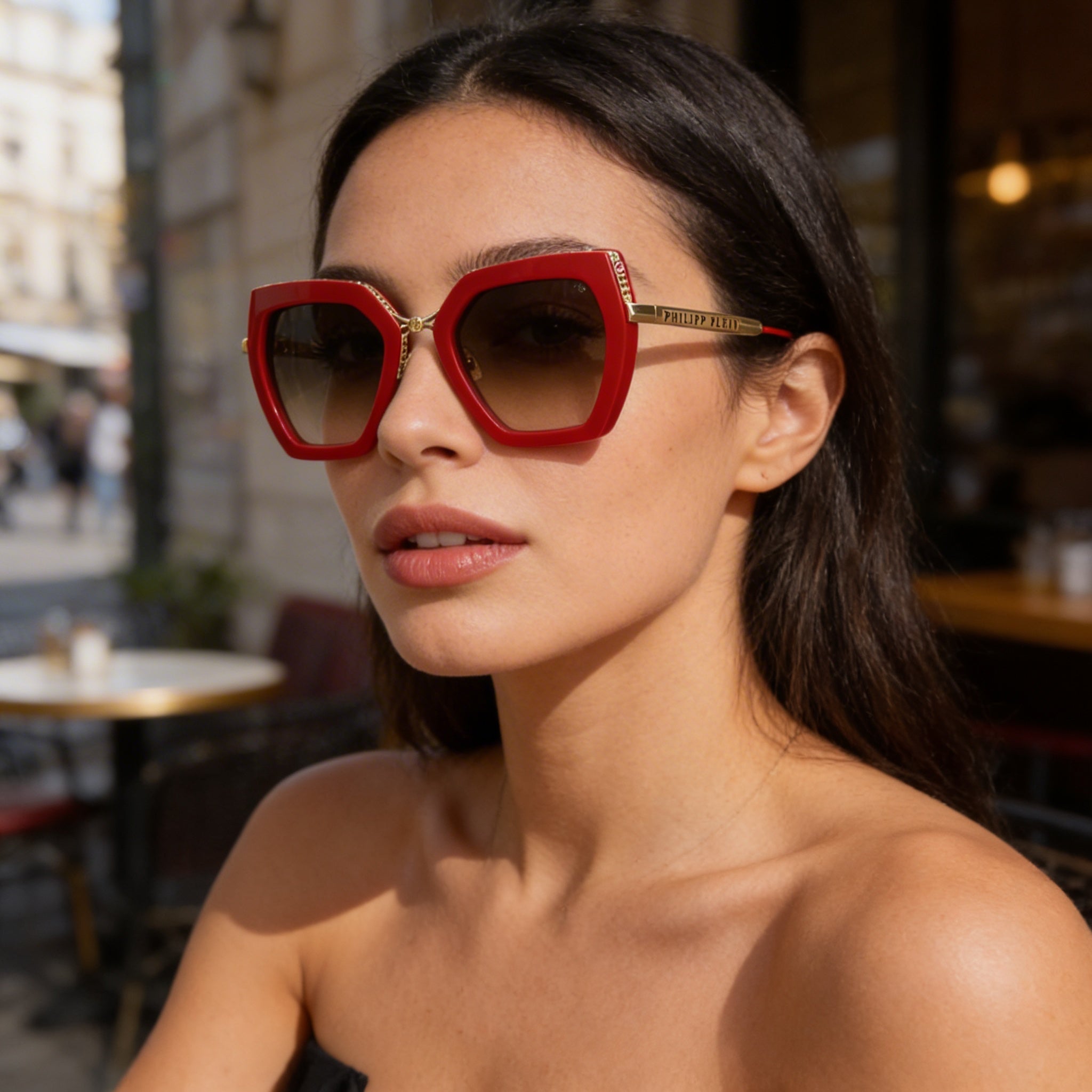 Philipp Plein Spp097s Women's Red Metal Sunglasses with Gradient Brown/Pink UV Protection Lenses 53mm, Photo 6